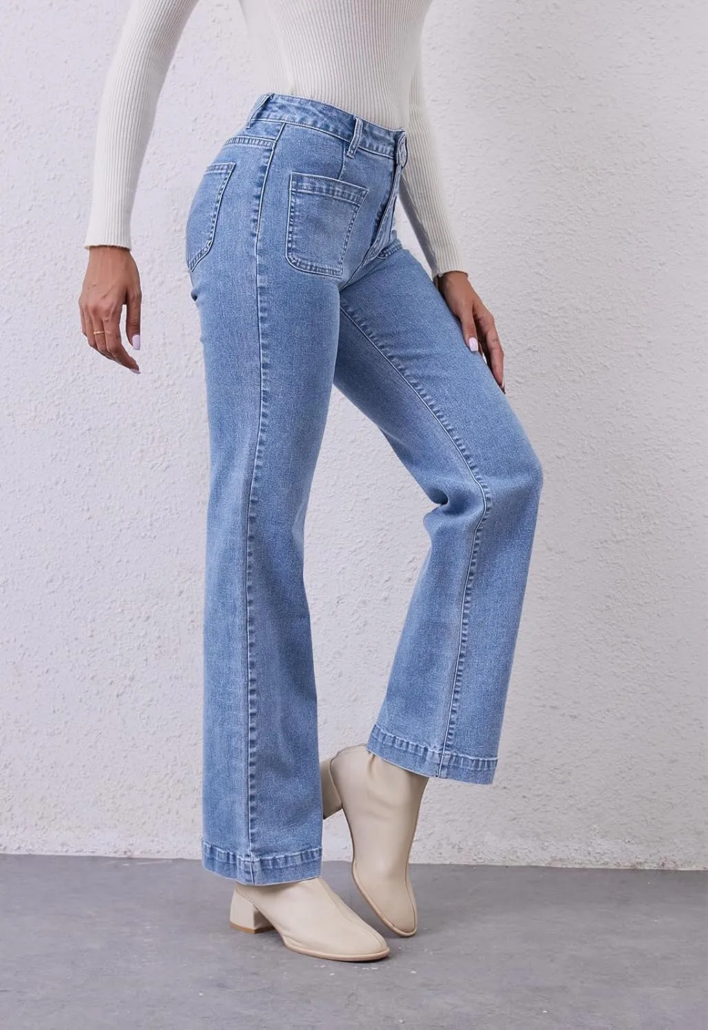 Womens Wide Leg Jeans High Waisted Stretchy Straight Leg Jeans Trendy Loose Denim Pants with Pockets