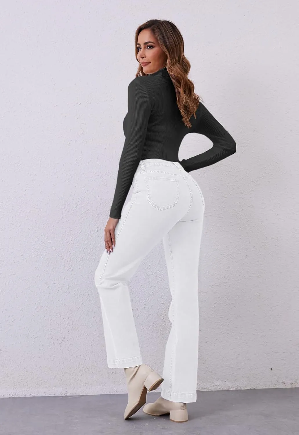 Womens Wide Leg Jeans High Waisted Stretchy Straight Leg Jeans Trendy Loose Denim Pants with Pockets