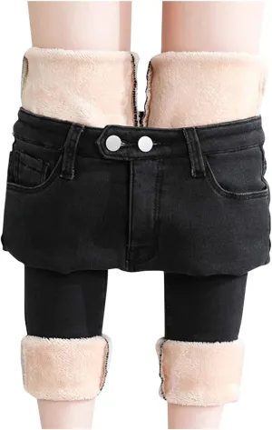 Womens Winter Jeans Thick Sherpa High Waisted Skinny Denim Pants Fleece Lined Slim Stretch Warm Jeggings with Pockets
