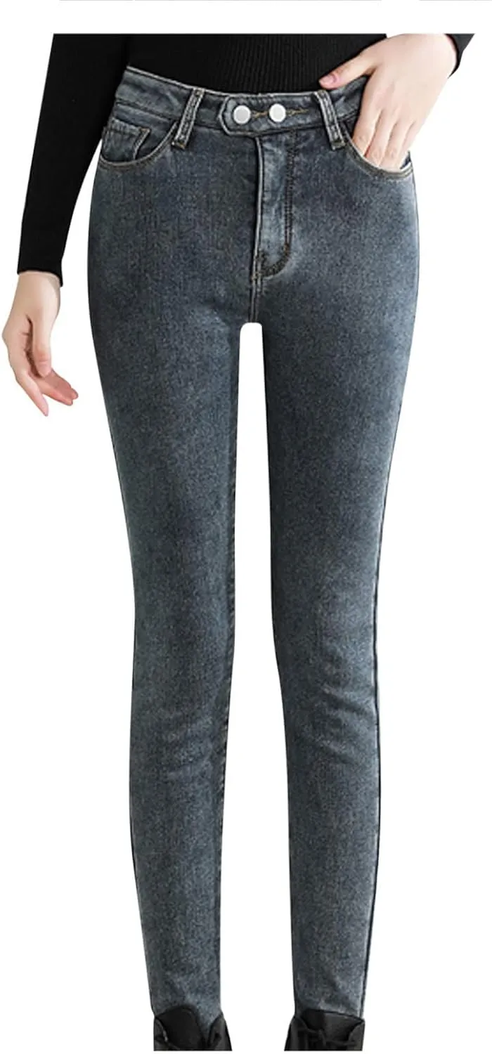 Womens Winter Jeans Thick Sherpa High Waisted Skinny Denim Pants Fleece Lined Slim Stretch Warm Jeggings with Pockets