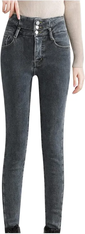 Womens Winter Jeans Thick Sherpa High Waisted Skinny Denim Pants Fleece Lined Slim Stretch Warm Jeggings with Pockets