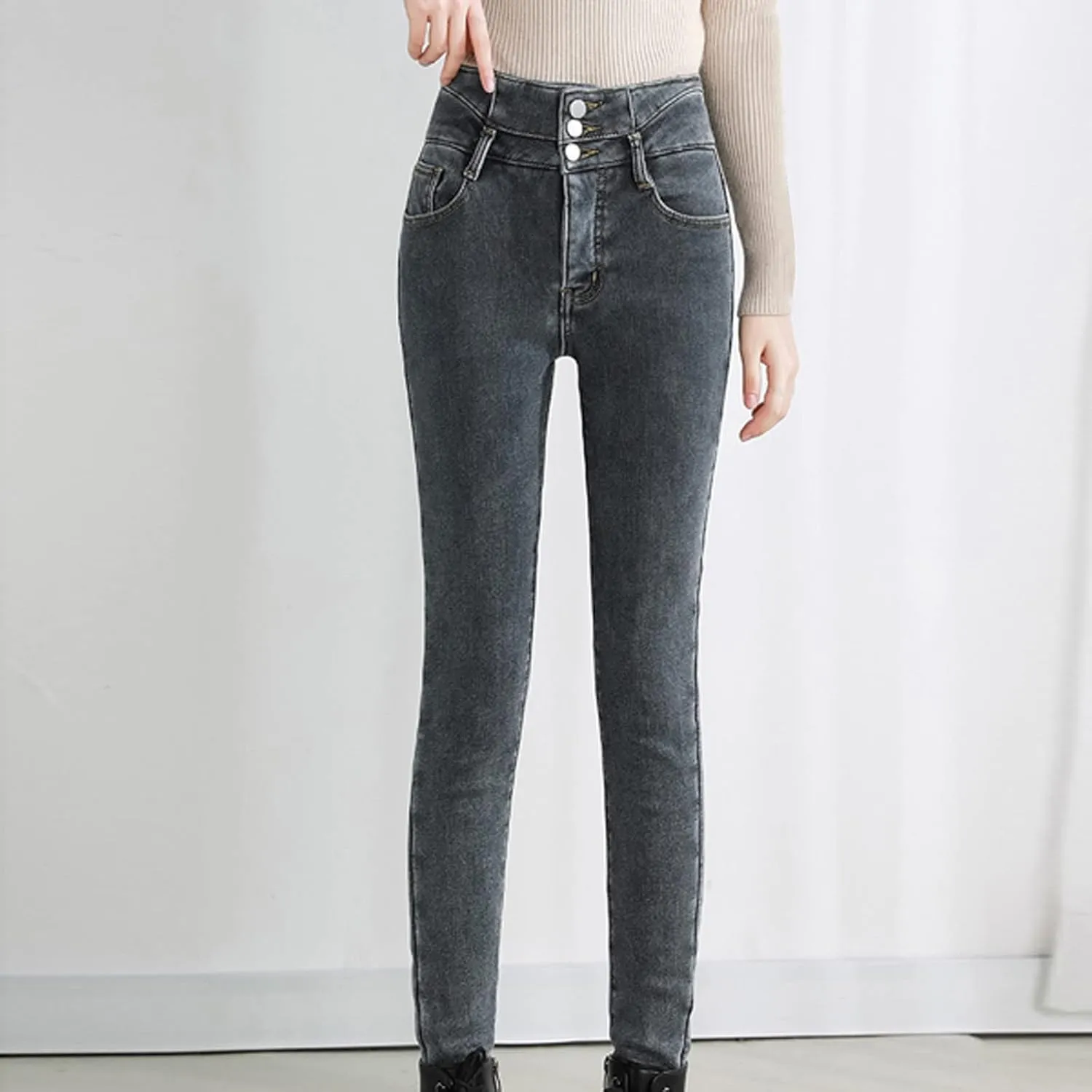 Womens Winter Jeans Thick Sherpa High Waisted Skinny Denim Pants Fleece Lined Slim Stretch Warm Jeggings with Pockets