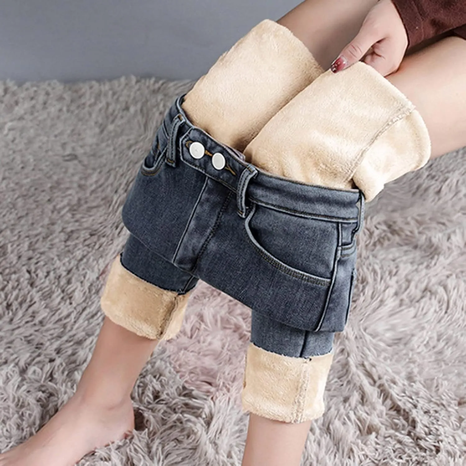 Womens Winter Jeans Thick Sherpa High Waisted Skinny Denim Pants Fleece Lined Slim Stretch Warm Jeggings with Pockets