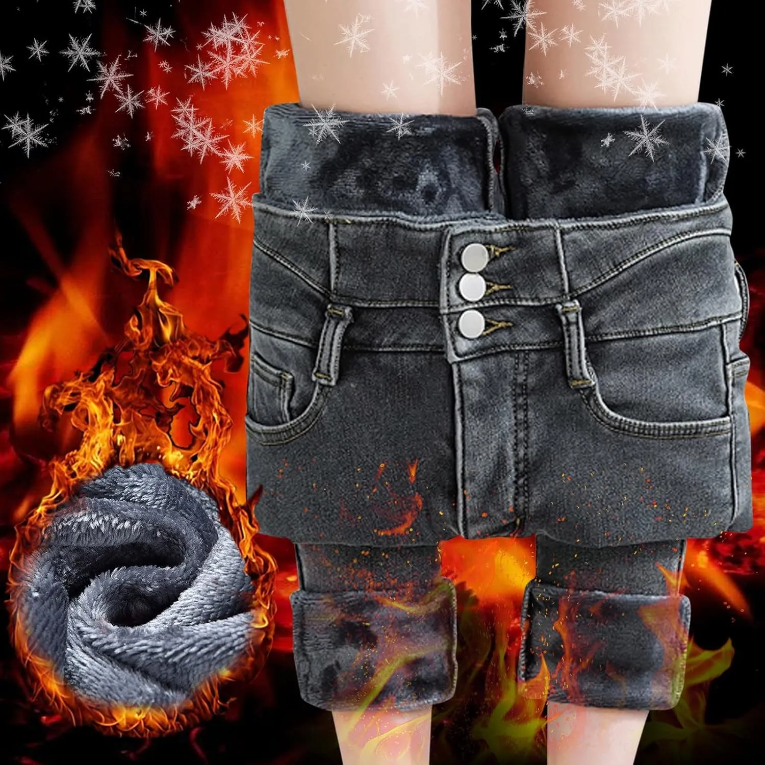 Womens Winter Jeans Thick Sherpa High Waisted Skinny Denim Pants Fleece Lined Slim Stretch Warm Jeggings with Pockets