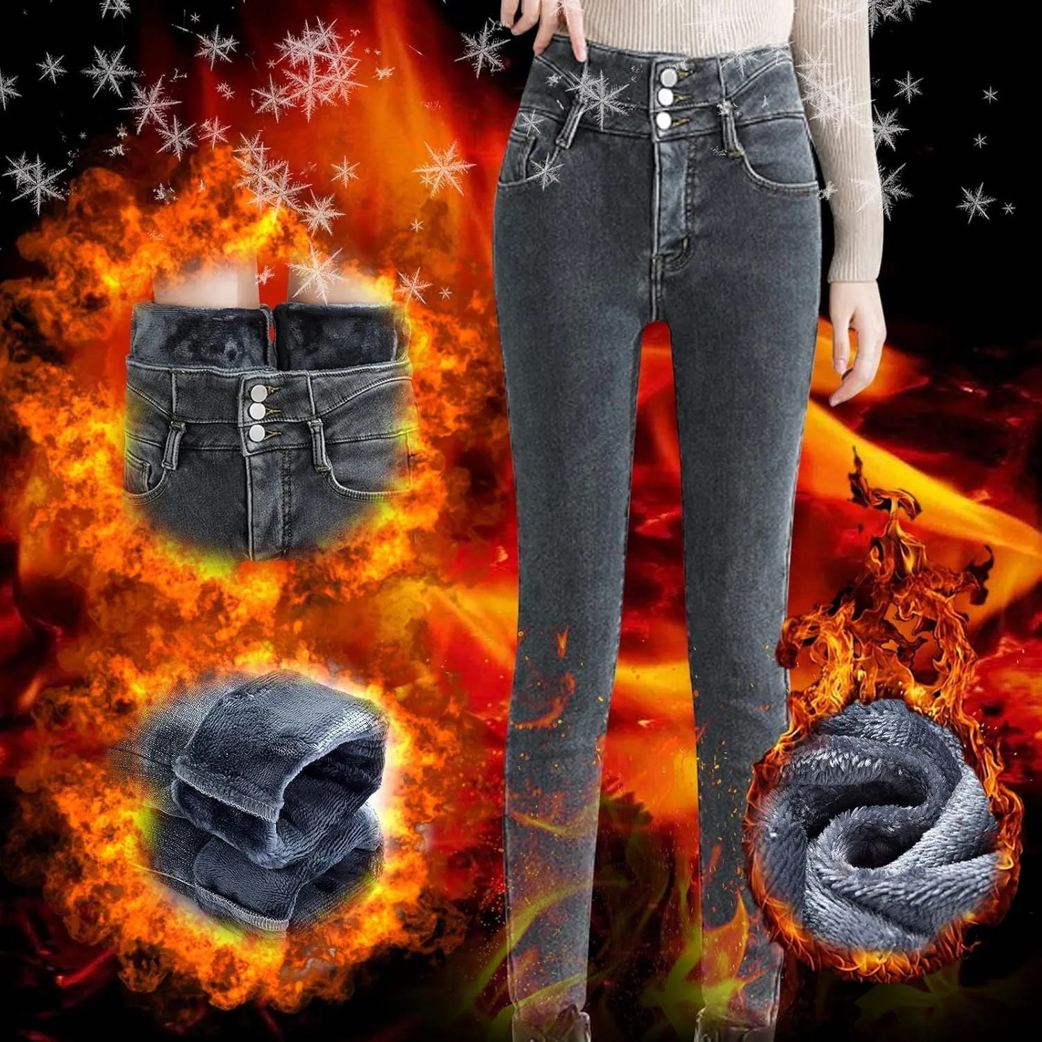 Womens Winter Jeans Thick Sherpa High Waisted Skinny Denim Pants Fleece Lined Slim Stretch Warm Jeggings with Pockets
