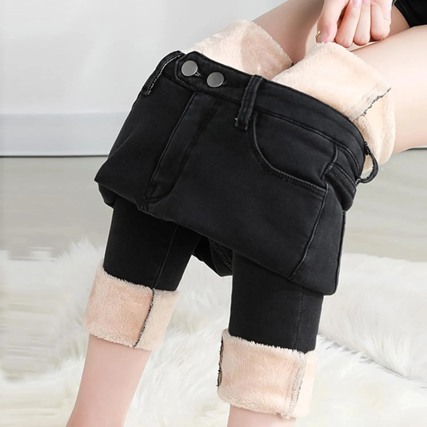 Womens Winter Jeans Thick Sherpa High Waisted Skinny Denim Pants Fleece Lined Slim Stretch Warm Jeggings with Pockets