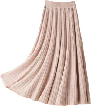 Women's Wool Knit Skirt Fashion High Waist Elastic Soft Slim A-Line Pleated Midi Skirt