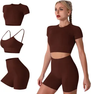 Women's Yoga Outfit Seamless Workout Set High Waist Exercise Shorts Pants with Sport Bra 3PCS Tracksuit Gym Tracksuits