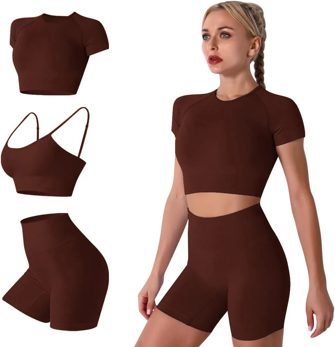 Women's Yoga Outfit Seamless Workout Set High Waist Exercise Shorts Pants with Sport Bra 3PCS Tracksuit Gym Tracksuits
