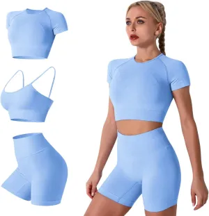 Women's Yoga Outfit Seamless Workout Set High Waist Exercise Shorts Pants with Sport Bra 3PCS Tracksuit Gym Tracksuits