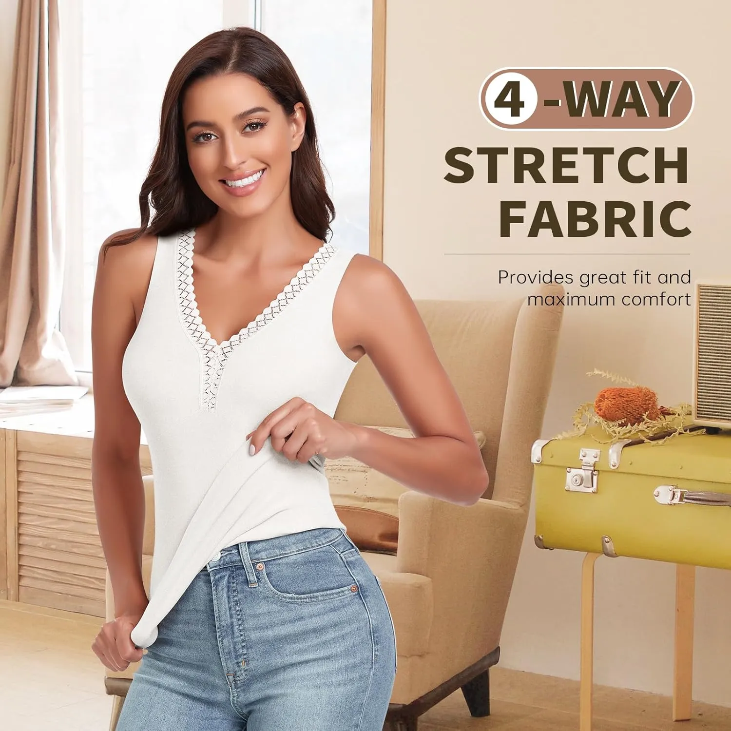 WOWENY Sleeveless Thermal Fleece Tank Top for Women V Neck Lace Camisole Warm Base Layer Cami Vest Underwear Tops