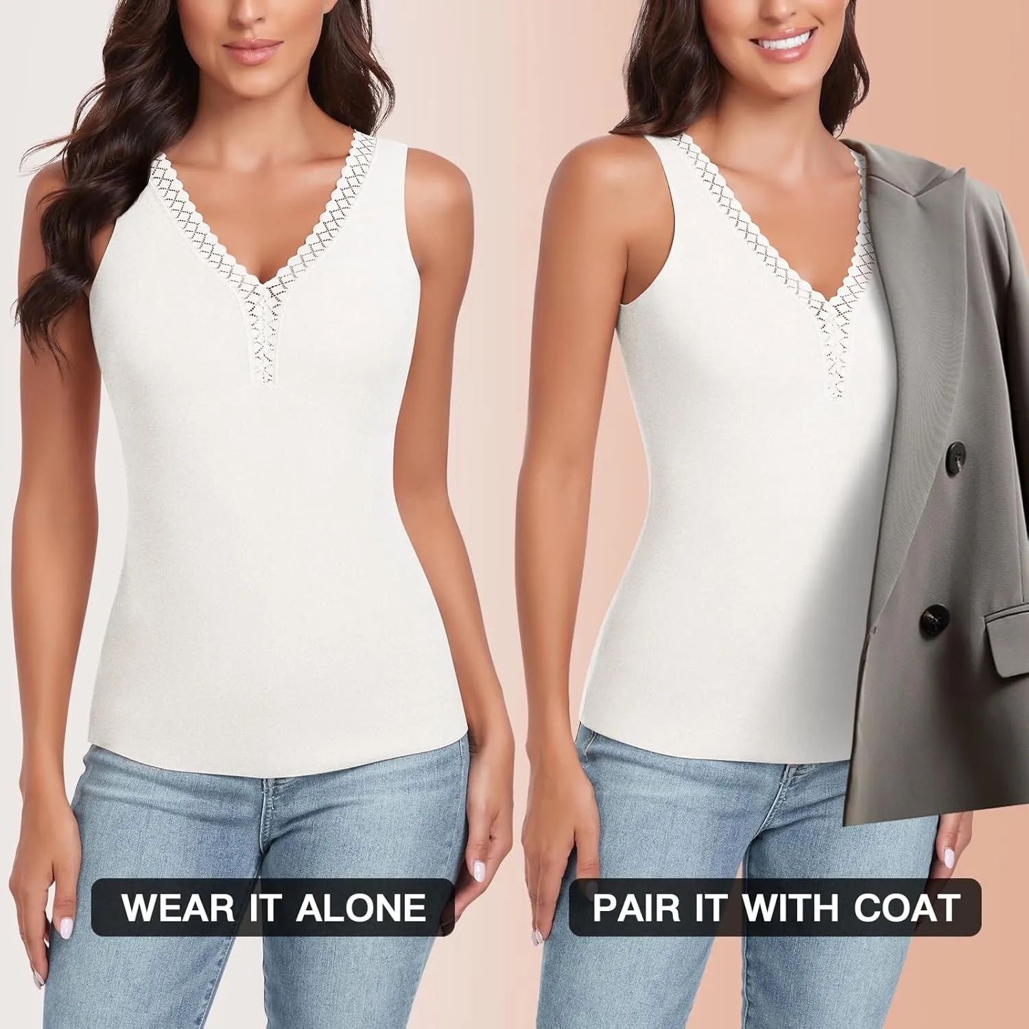 WOWENY Sleeveless Thermal Fleece Tank Top for Women V Neck Lace Camisole Warm Base Layer Cami Vest Underwear Tops