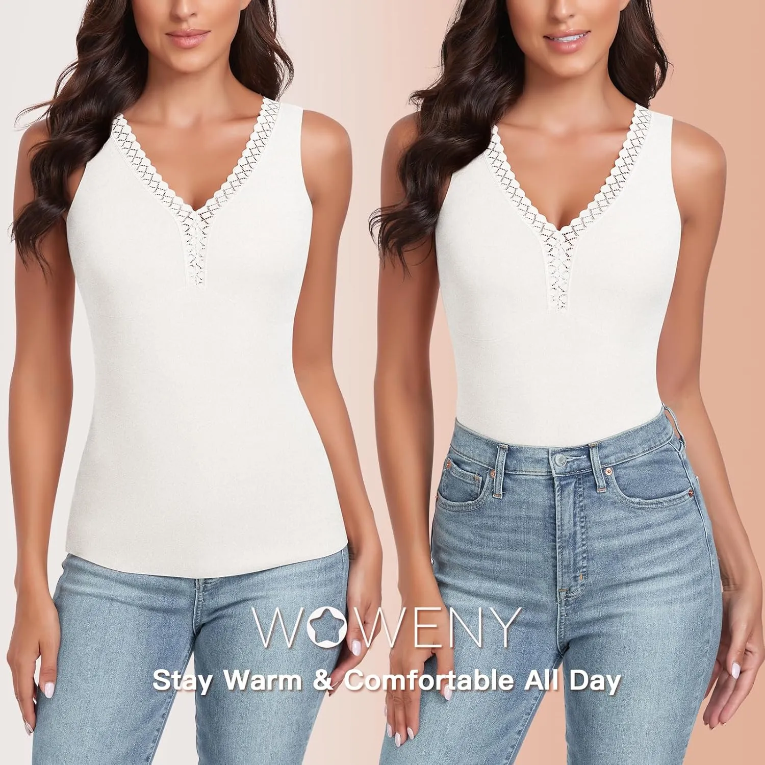WOWENY Sleeveless Thermal Fleece Tank Top for Women V Neck Lace Camisole Warm Base Layer Cami Vest Underwear Tops