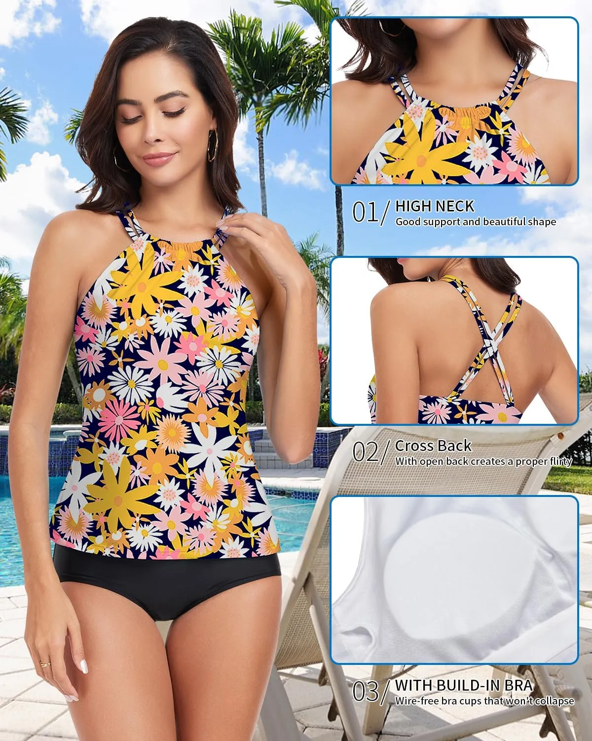 WOWENY Womens Swim Tankini Tops High Neck Bathing Suit Slim Fit Swim Tops UPF 50  Tummy Control Swimsuits No Bottom