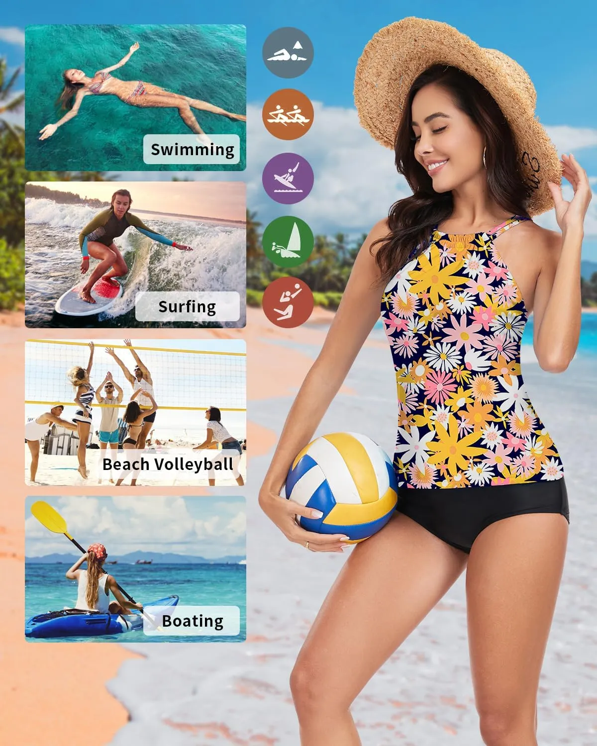 WOWENY Womens Swim Tankini Tops High Neck Bathing Suit Slim Fit Swim Tops UPF 50  Tummy Control Swimsuits No Bottom