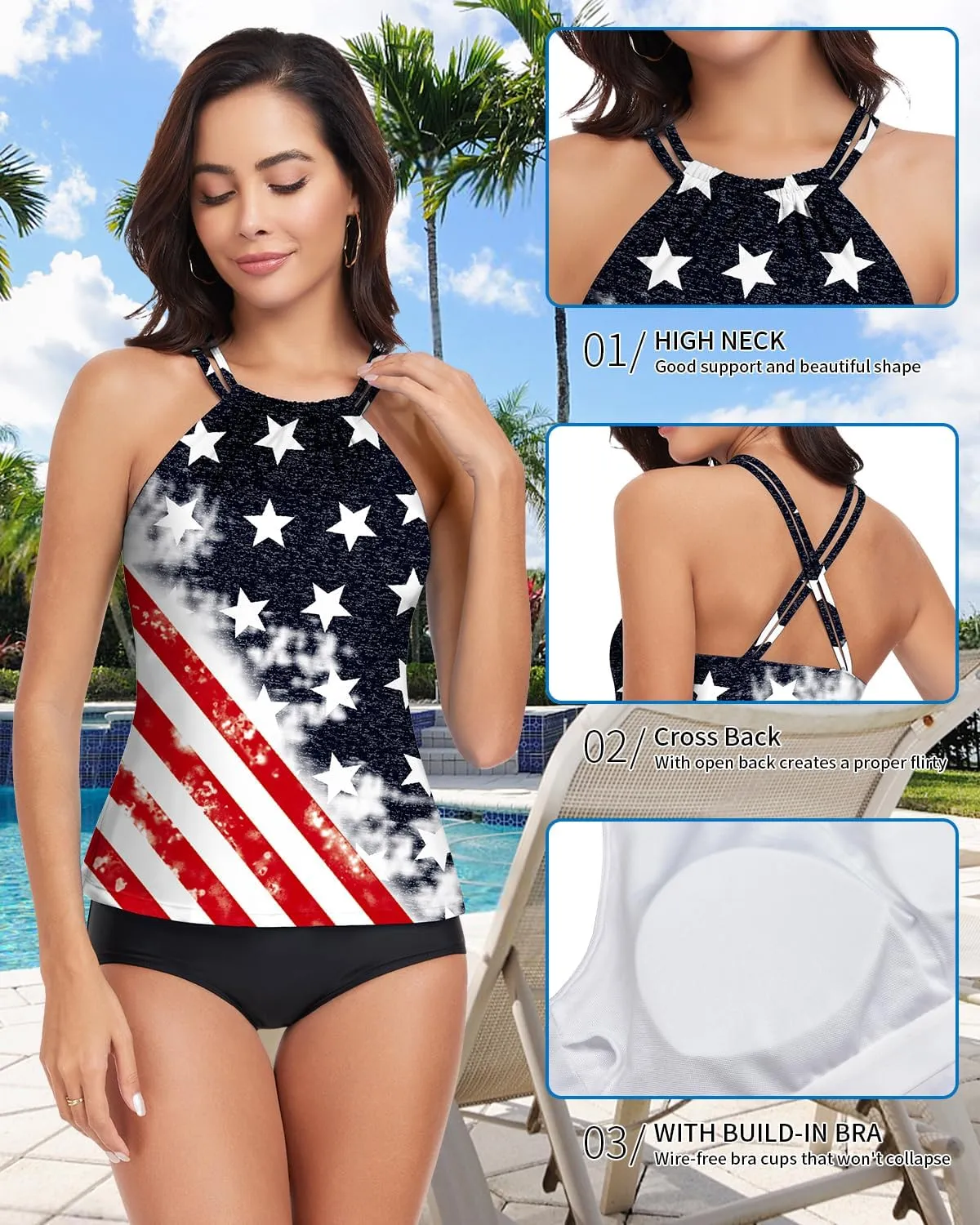 WOWENY Womens Swim Tankini Tops High Neck Bathing Suit Slim Fit Swim Tops UPF 50  Tummy Control Swimsuits No Bottom