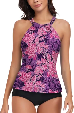 WOWENY Womens Swim Tankini Tops High Neck Bathing Suit Slim Fit Swim Tops UPF 50  Tummy Control Swimsuits No Bottom