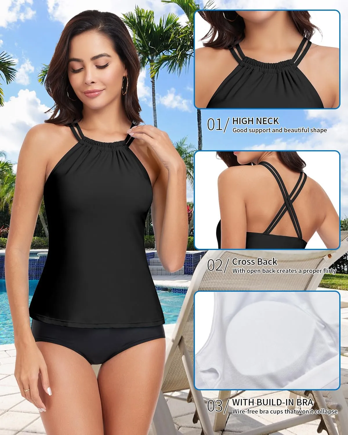WOWENY Womens Swim Tankini Tops High Neck Bathing Suit Slim Fit Swim Tops UPF 50  Tummy Control Swimsuits No Bottom