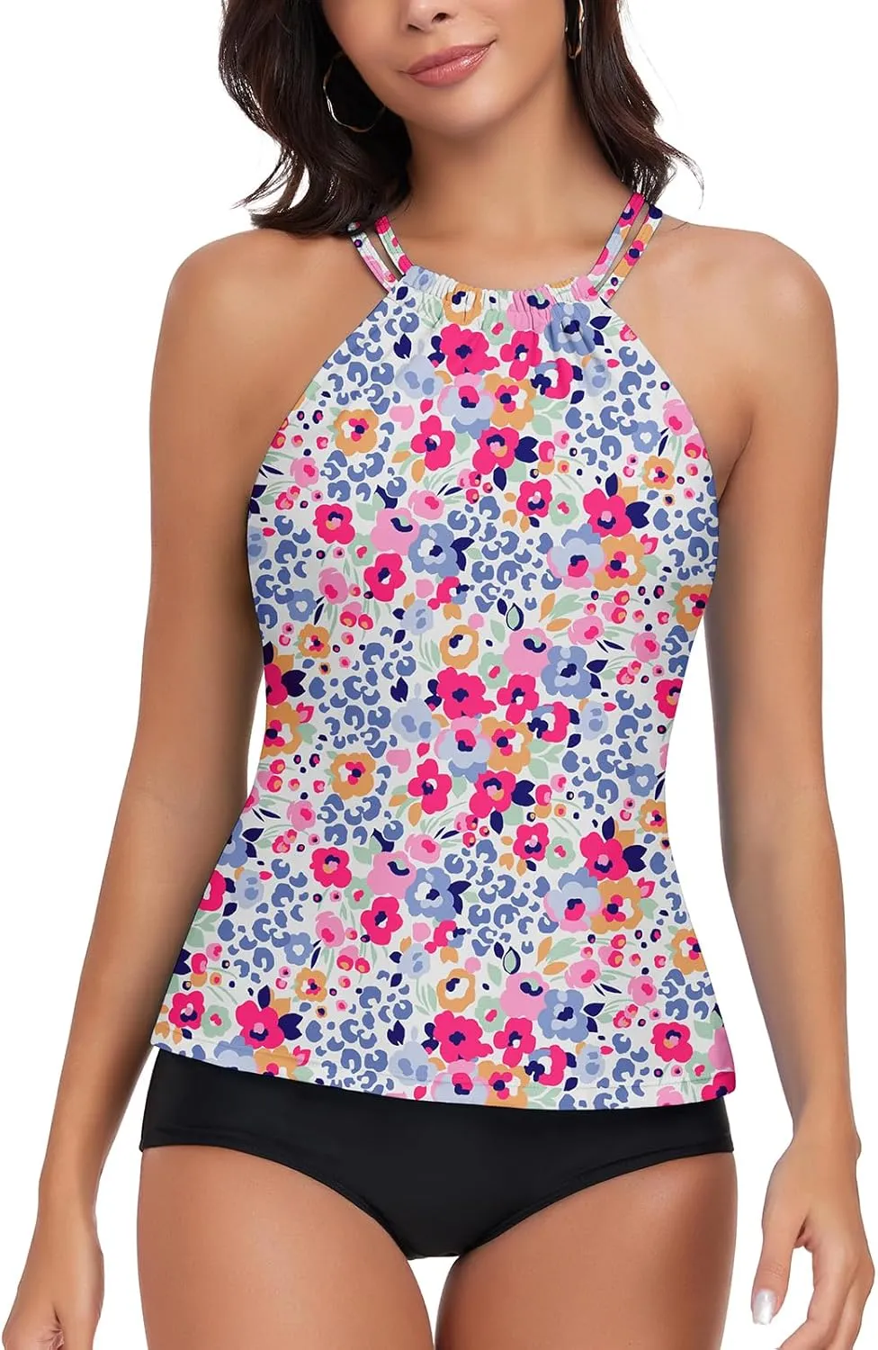 WOWENY Womens Swim Tankini Tops High Neck Bathing Suit Slim Fit Swim Tops UPF 50  Tummy Control Swimsuits No Bottom
