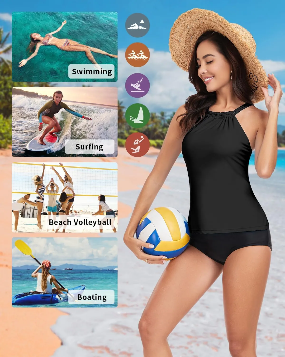 WOWENY Womens Swim Tankini Tops High Neck Bathing Suit Slim Fit Swim Tops UPF 50  Tummy Control Swimsuits No Bottom