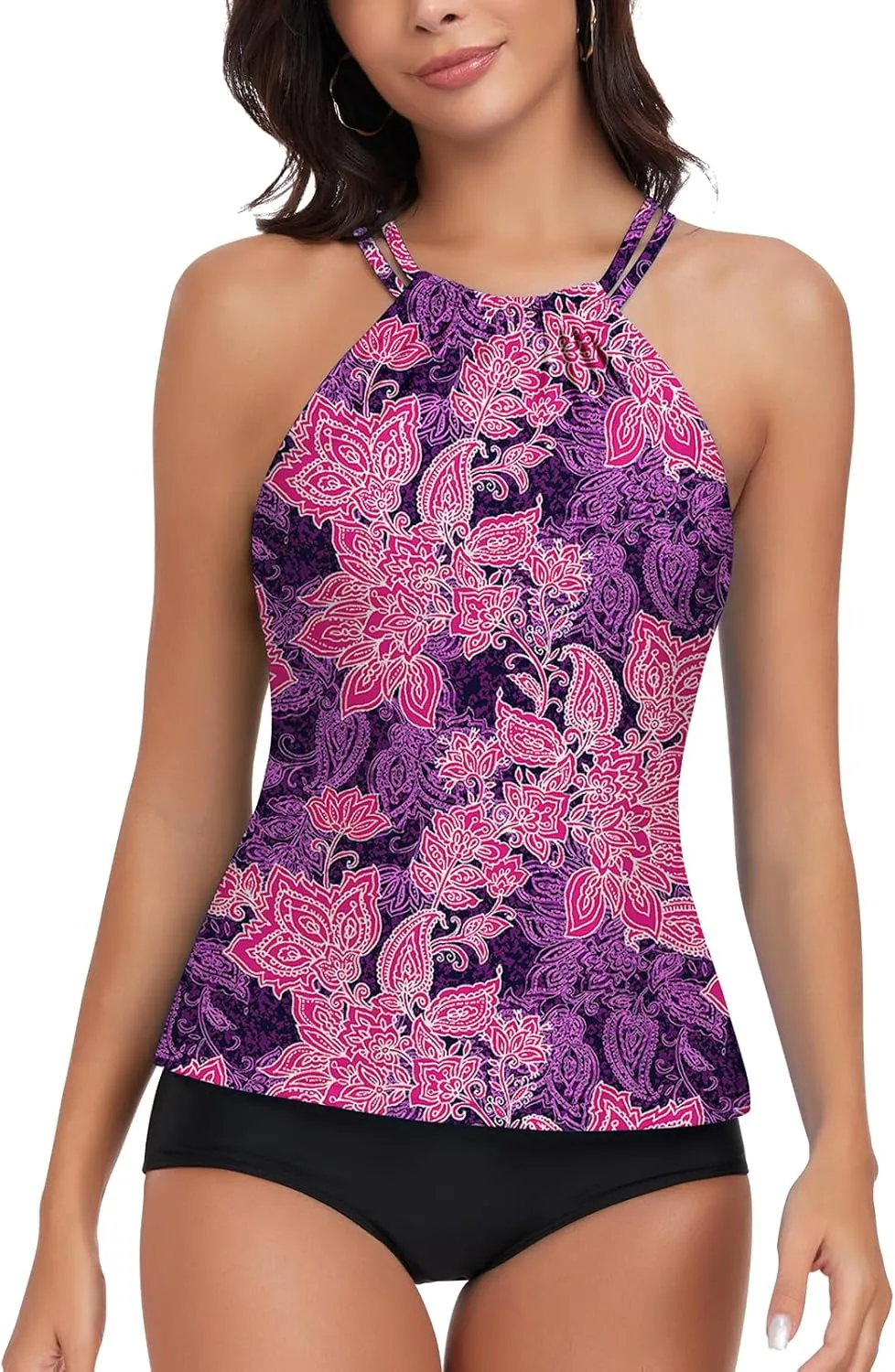 WOWENY Womens Swim Tankini Tops High Neck Bathing Suit Slim Fit Swim Tops UPF 50  Tummy Control Swimsuits No Bottom