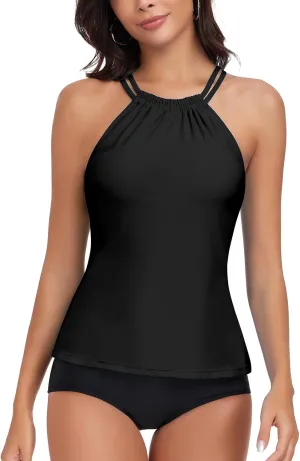 WOWENY Womens Swim Tankini Tops High Neck Bathing Suit Slim Fit Swim Tops UPF 50  Tummy Control Swimsuits No Bottom