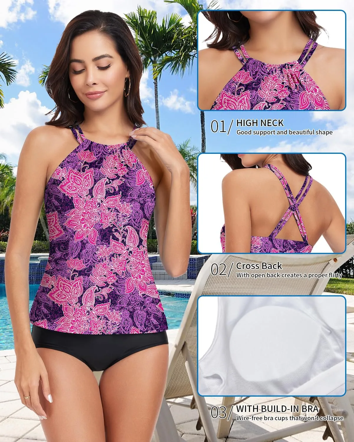WOWENY Womens Swim Tankini Tops High Neck Bathing Suit Slim Fit Swim Tops UPF 50  Tummy Control Swimsuits No Bottom