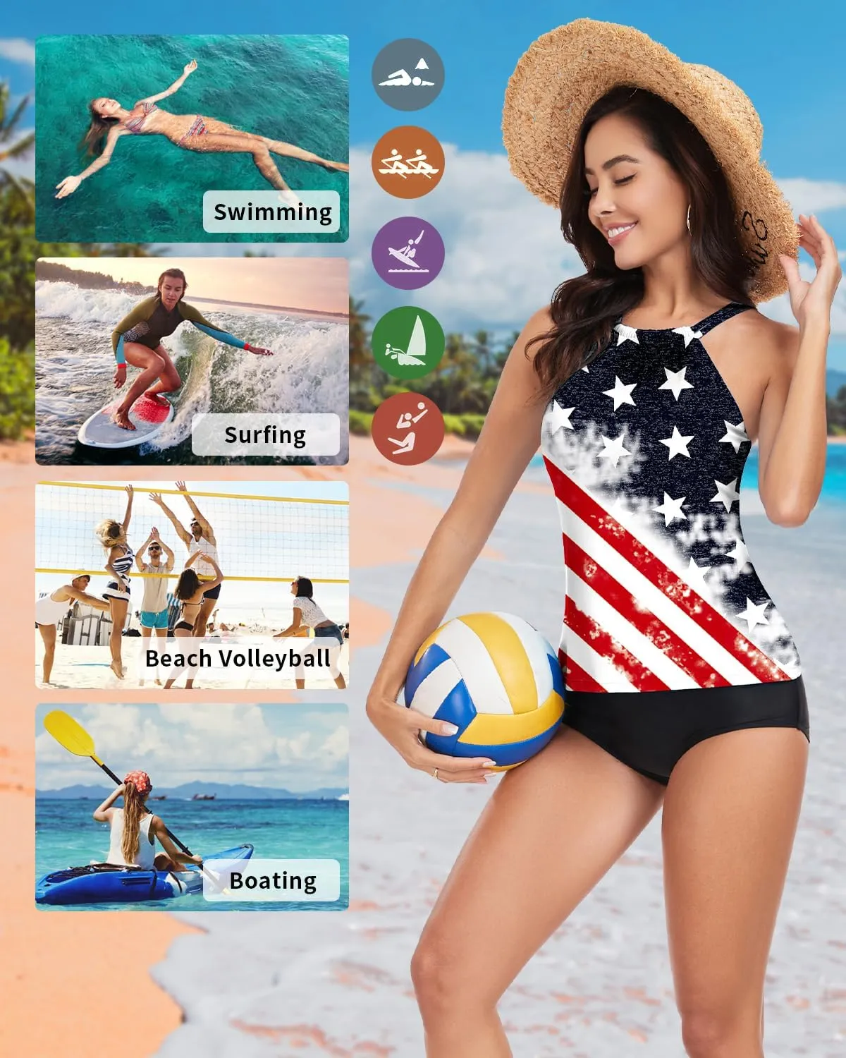 WOWENY Womens Swim Tankini Tops High Neck Bathing Suit Slim Fit Swim Tops UPF 50  Tummy Control Swimsuits No Bottom