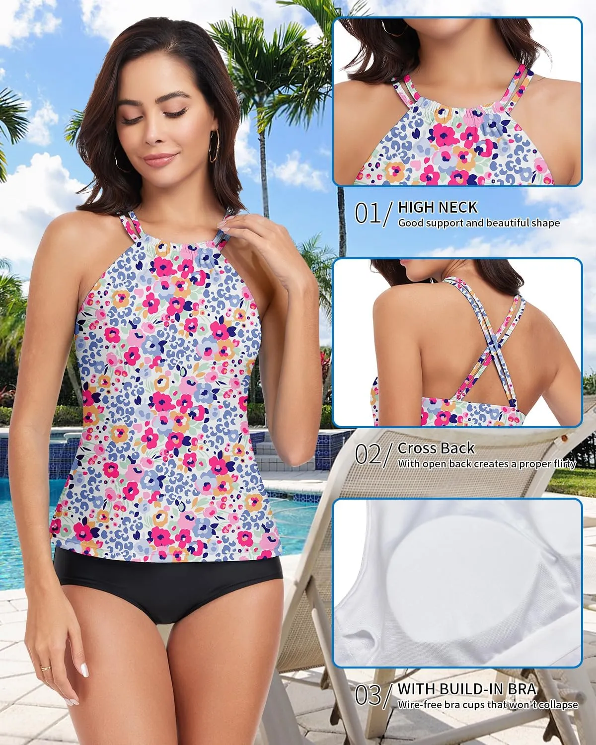 WOWENY Womens Swim Tankini Tops High Neck Bathing Suit Slim Fit Swim Tops UPF 50  Tummy Control Swimsuits No Bottom