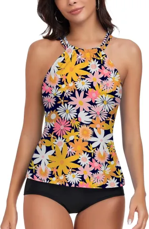 WOWENY Womens Swim Tankini Tops High Neck Bathing Suit Slim Fit Swim Tops UPF 50  Tummy Control Swimsuits No Bottom