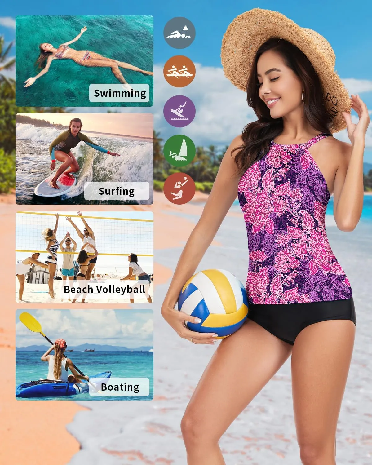 WOWENY Womens Swim Tankini Tops High Neck Bathing Suit Slim Fit Swim Tops UPF 50  Tummy Control Swimsuits No Bottom