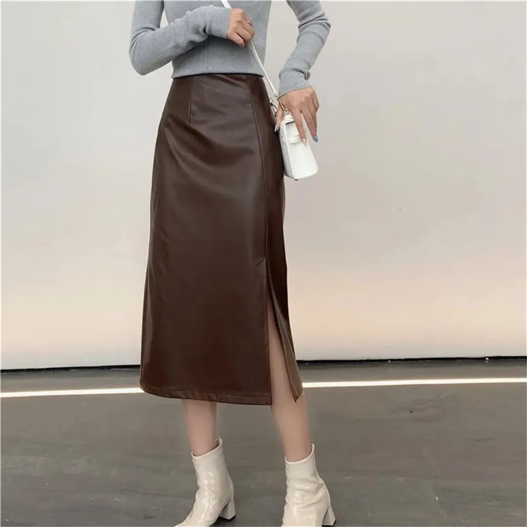 Wrap Bodycon Pencil Skirts Women Winter Fashion Office Pu Faux Leather Midi Split Skirt