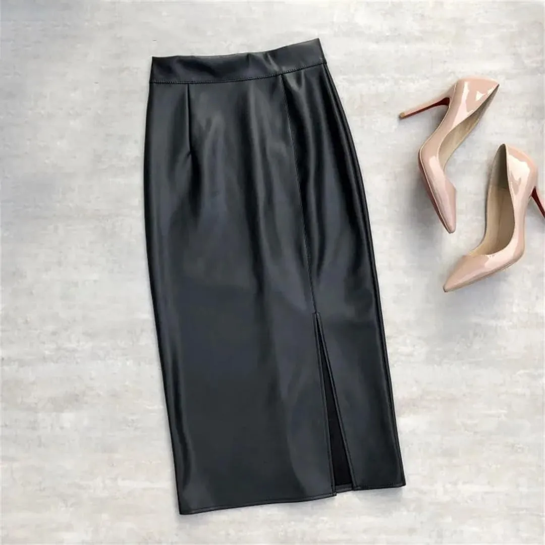 Wrap Bodycon Pencil Skirts Women Winter Fashion Office Pu Faux Leather Midi Split Skirt