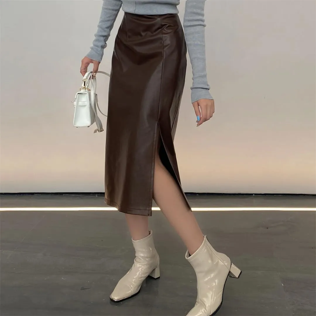 Wrap Bodycon Pencil Skirts Women Winter Fashion Office Pu Faux Leather Midi Split Skirt