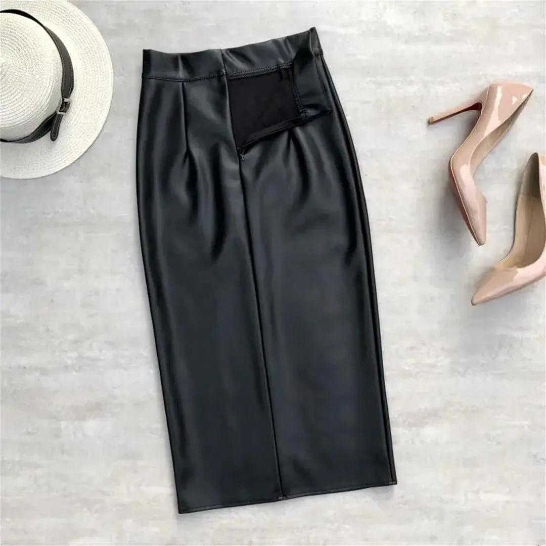 Wrap Bodycon Pencil Skirts Women Winter Fashion Office Pu Faux Leather Midi Split Skirt