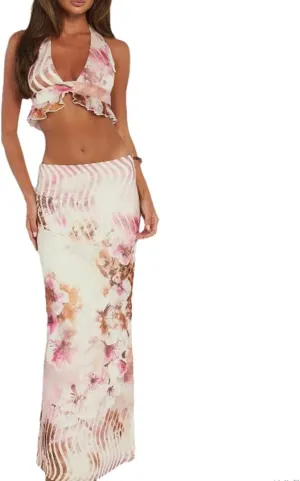 Wuitrie Women 2 Piece Vacation Casual Floral Sets Sleeveless Halter Top Maxi Skirt Sexy Skirts Outfits