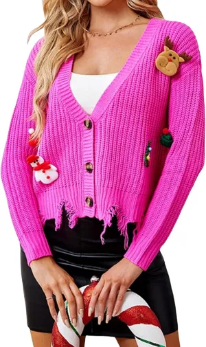 Yimoon Womens Ugly Christmas Cardigan Button Down V-Neck Sweater Cute Festive Animal Santa Pattern Knit Crop Cardigan