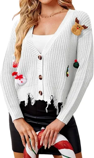 Yimoon Womens Ugly Christmas Cardigan Button Down V-Neck Sweater Cute Festive Animal Santa Pattern Knit Crop Cardigan