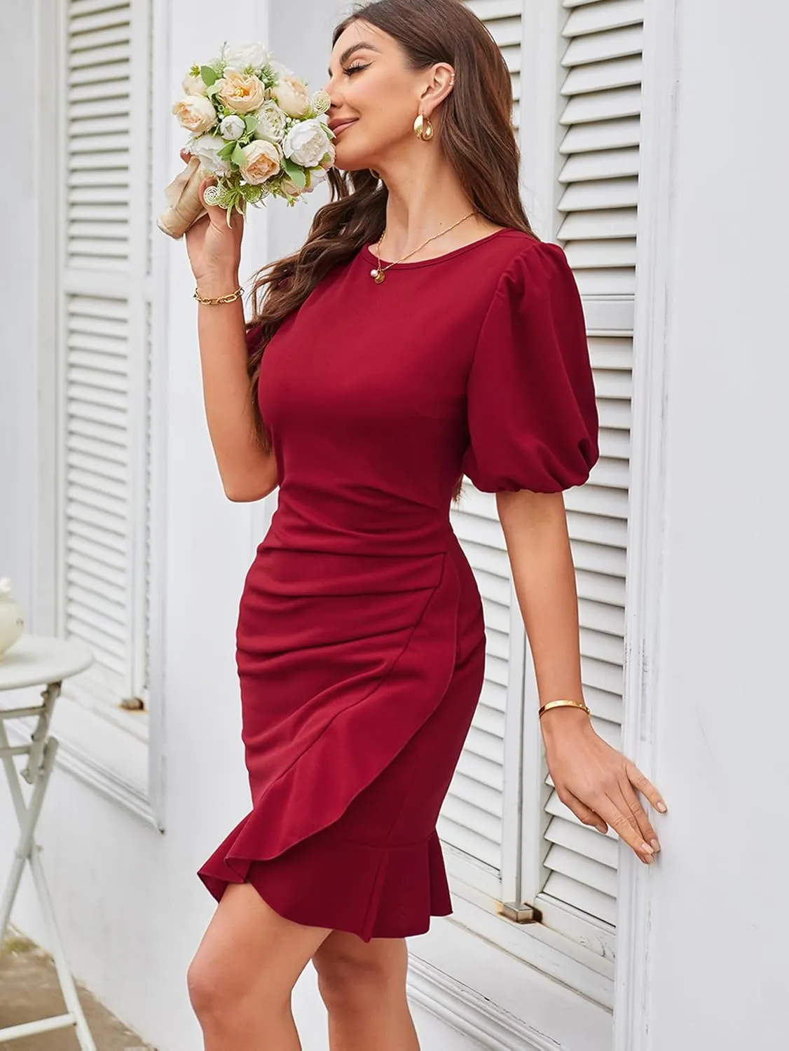 YNIQUE 2024 Women's Summer Dress Short Sleeves Bodycon Mini Dress Ruched Puff Sleeve Ruffle Hem Cocktail Party Dress