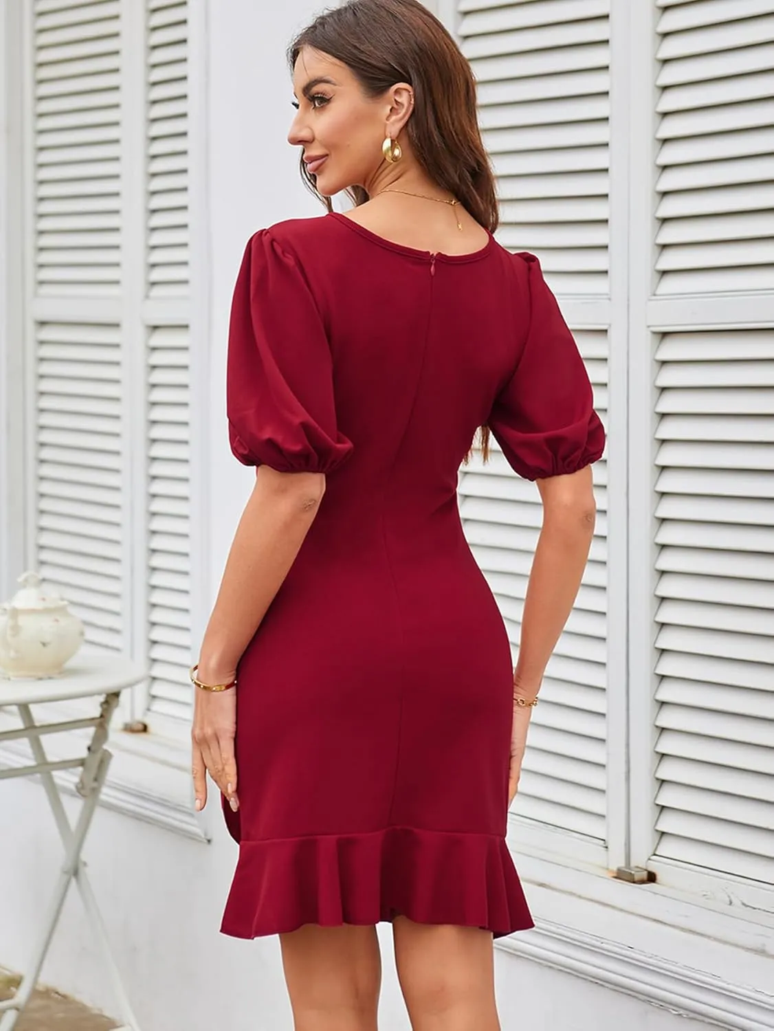 YNIQUE 2024 Women's Summer Dress Short Sleeves Bodycon Mini Dress Ruched Puff Sleeve Ruffle Hem Cocktail Party Dress