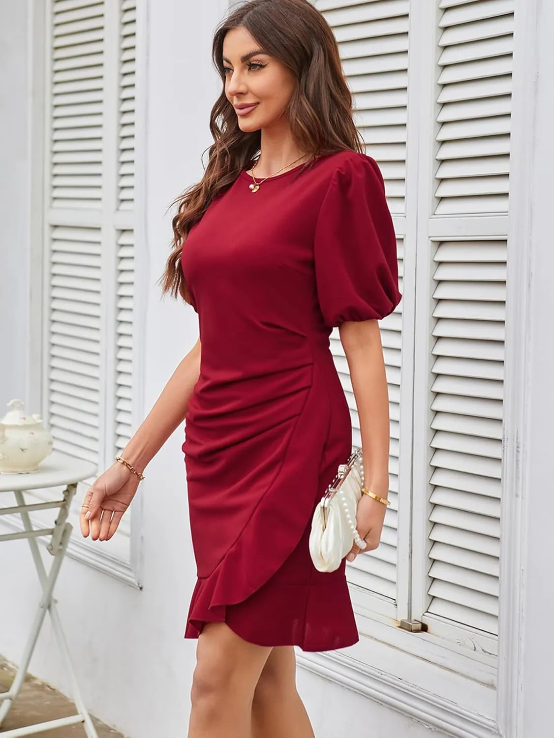 YNIQUE 2024 Women's Summer Dress Short Sleeves Bodycon Mini Dress Ruched Puff Sleeve Ruffle Hem Cocktail Party Dress
