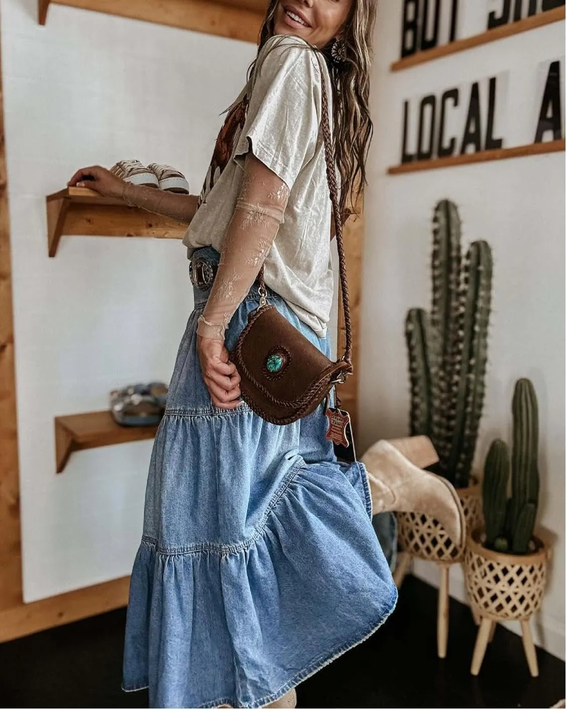 yoeasy Women's High Waist Denim Maxi Skirt Button Boho Flowy Pleated Tiered Ruffle Swing A-Line Jean Long Skirt