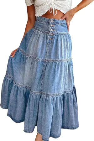 yoeasy Women's High Waist Denim Maxi Skirt Button Boho Flowy Pleated Tiered Ruffle Swing A-Line Jean Long Skirt