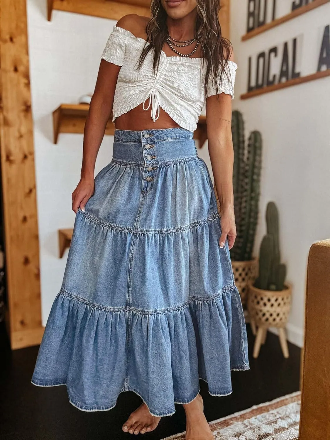 yoeasy Women's High Waist Denim Maxi Skirt Button Boho Flowy Pleated Tiered Ruffle Swing A-Line Jean Long Skirt