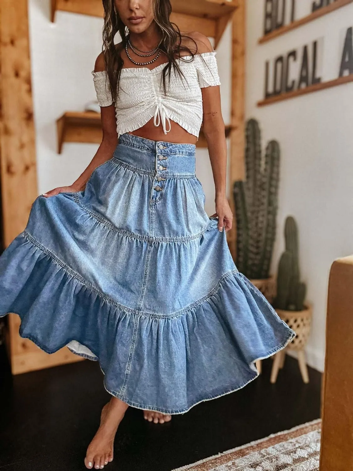 yoeasy Women's High Waist Denim Maxi Skirt Button Boho Flowy Pleated Tiered Ruffle Swing A-Line Jean Long Skirt