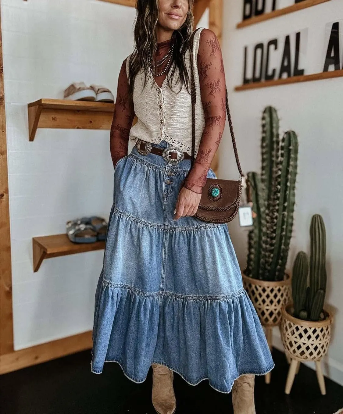 yoeasy Women's High Waist Denim Maxi Skirt Button Boho Flowy Pleated Tiered Ruffle Swing A-Line Jean Long Skirt