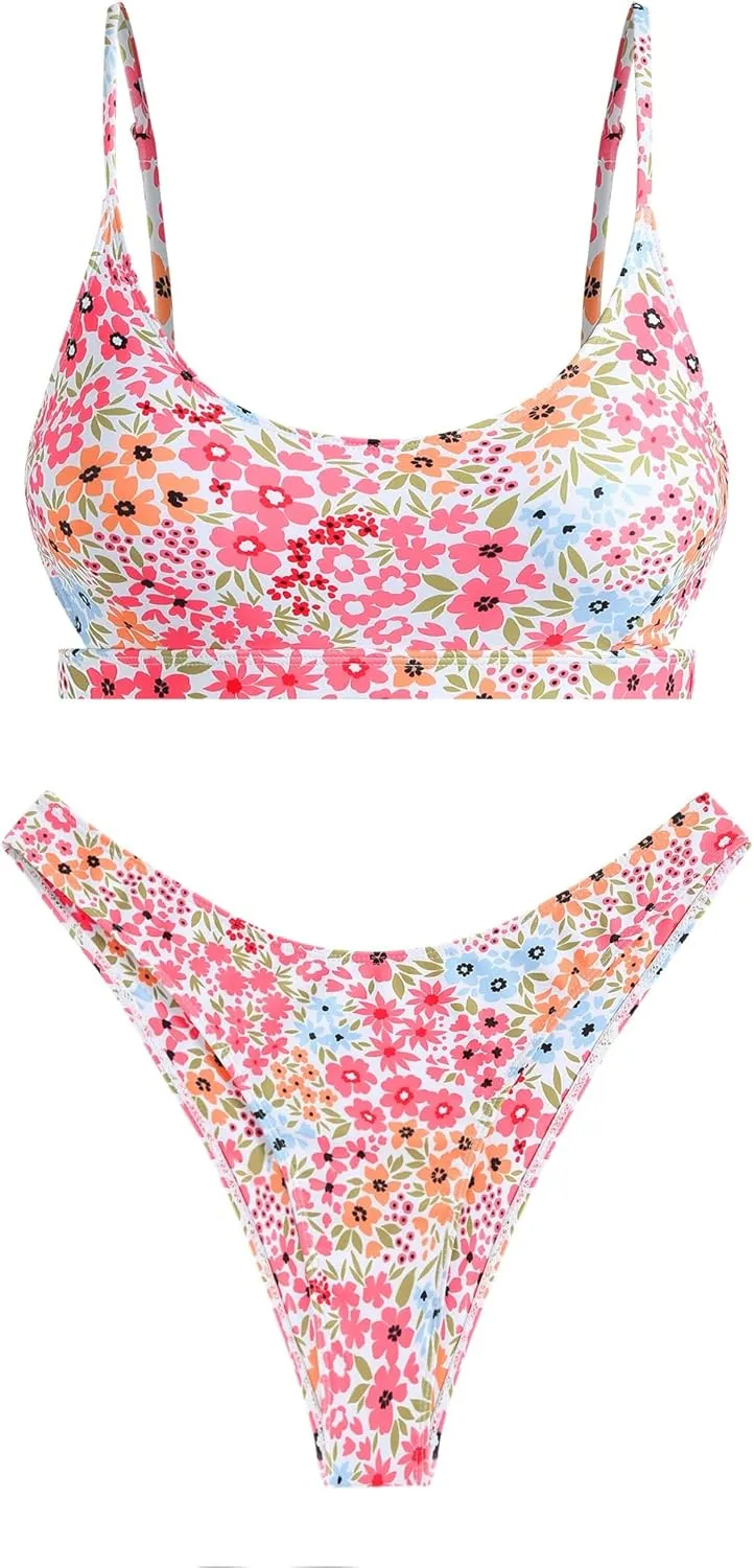 ZAFUL Women's Cutout Bikini Sets Scoop Neck Back Criss Cross Tie Ribbed High Cut Bikini Swimsuit Two Piece Bathing Suits