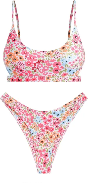 ZAFUL Women's Cutout Bikini Sets Scoop Neck Back Criss Cross Tie Ribbed High Cut Bikini Swimsuit Two Piece Bathing Suits