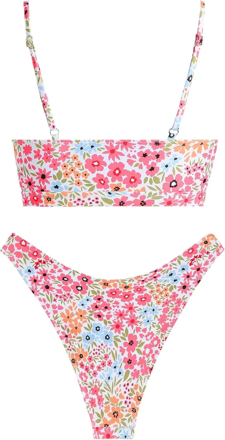 ZAFUL Women's Cutout Bikini Sets Scoop Neck Back Criss Cross Tie Ribbed High Cut Bikini Swimsuit Two Piece Bathing Suits