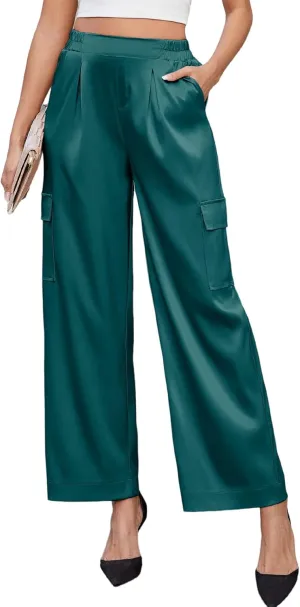 ZAFUL Womens Satin Pants Wide Leg High Waisted Cargo Pants Silky Dressy Casual Slack Trousers